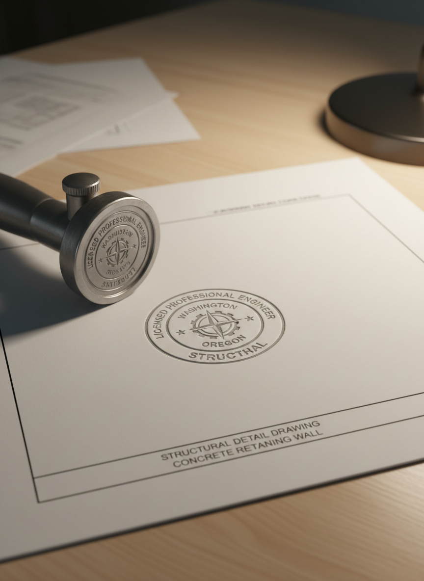 A realistic close-up of a professional engineering stamp impression on a clean white plan sheet, showing the embossed circular seal with clear text indicating a licensed Professional Engineer in Washington and Oregon. The stamp is placed near the title block of a structural detail drawing for a concrete retaining wall, with sharp, precise linework visible around it. A sturdy metal PE stamp tool with a brushed steel finish rests nearby on the desk. Soft side lighting from a desk lamp creates gentle shadows that accentuate the embossed seal and metal texture. Photographic realism, captured at a slightly oblique angle with shallow depth of field, conveys trust, authority, and formal approval of engineering work.